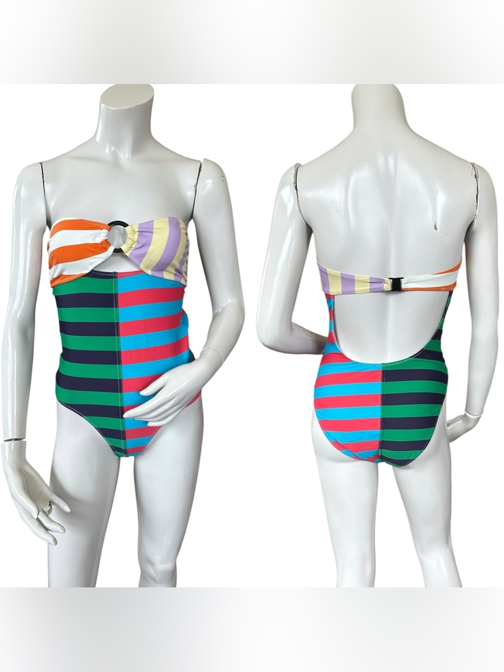 Staud Cabana Stripe Rainbow Patchwork Ace Ring One Piece Cutout Swimsuit Medium